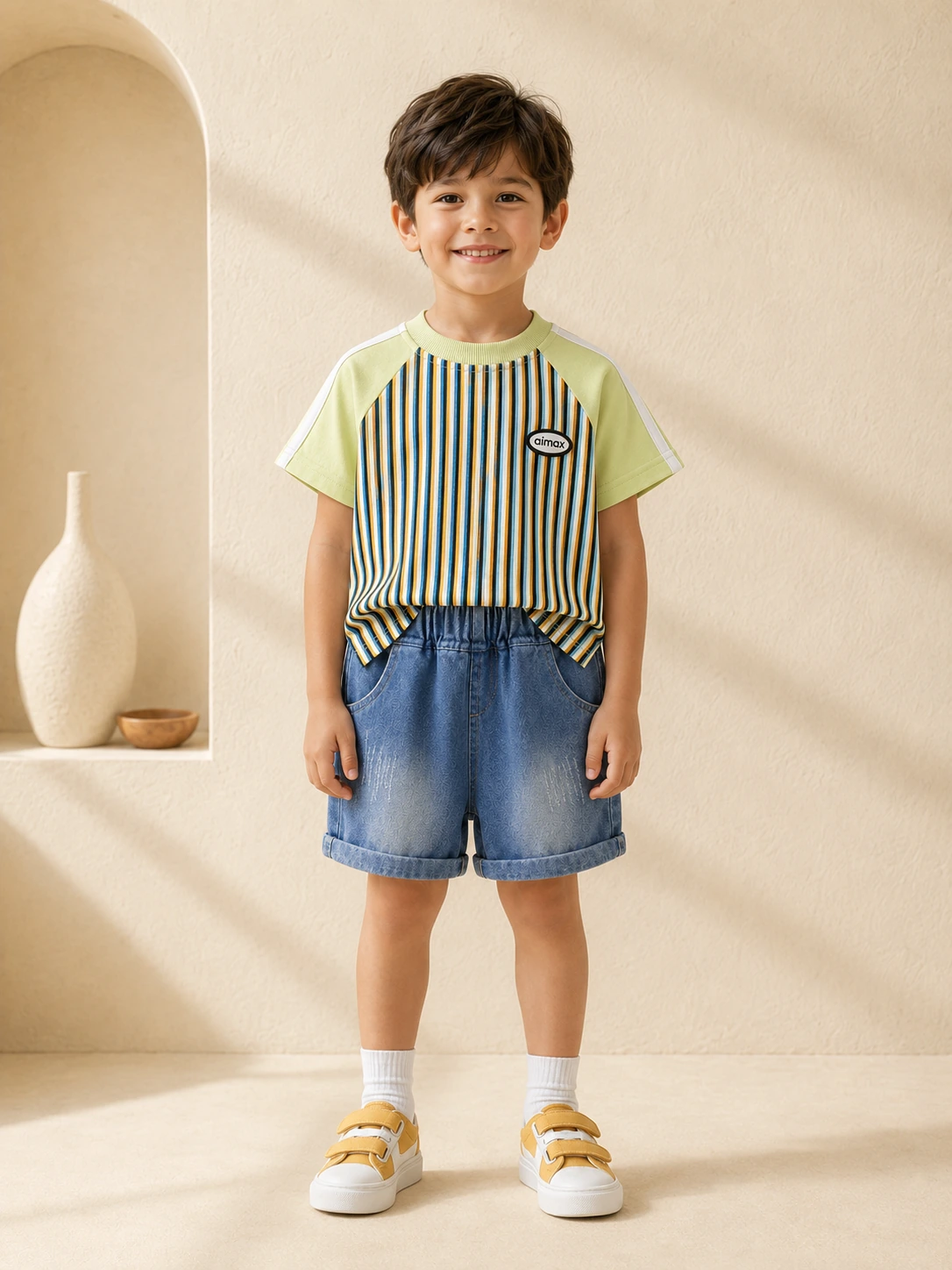 Boys green striped T-shirt and blue denim shorts set on hanger