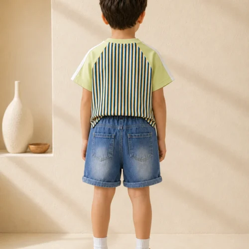 Boys Casual Summer Outfit Set-Striped T-Shirt and Denim Shorts