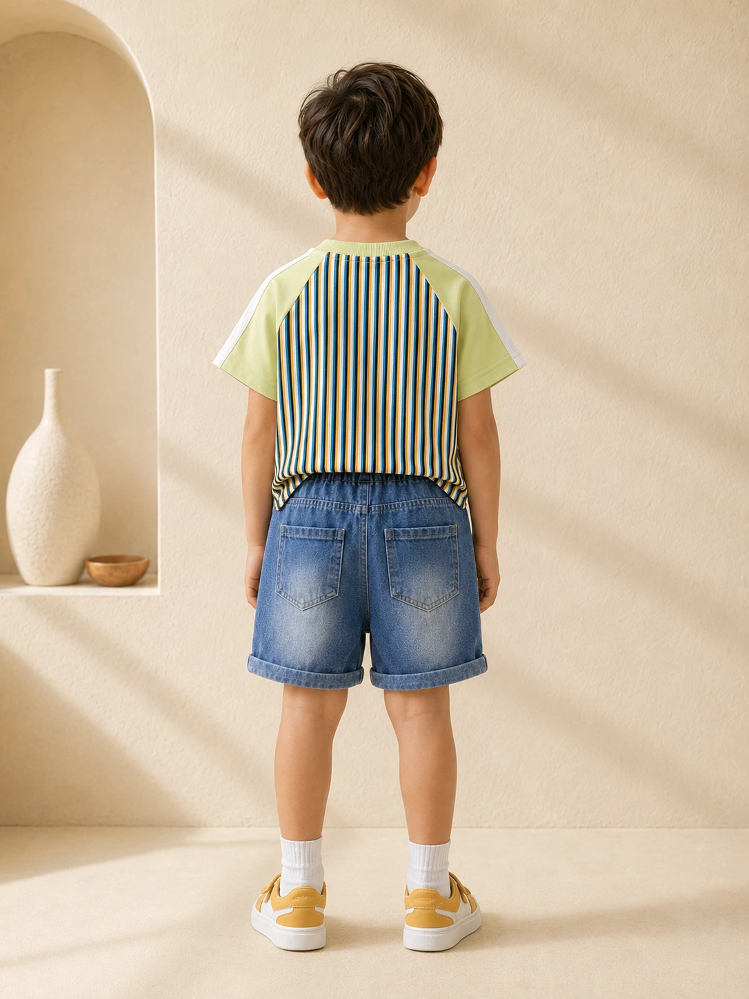 Boys green striped T-shirt and blue denim shorts set on hanger