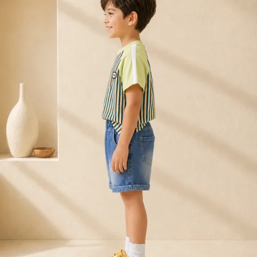 Boys Casual Summer Outfit Set-Striped T-Shirt and Denim Shorts
