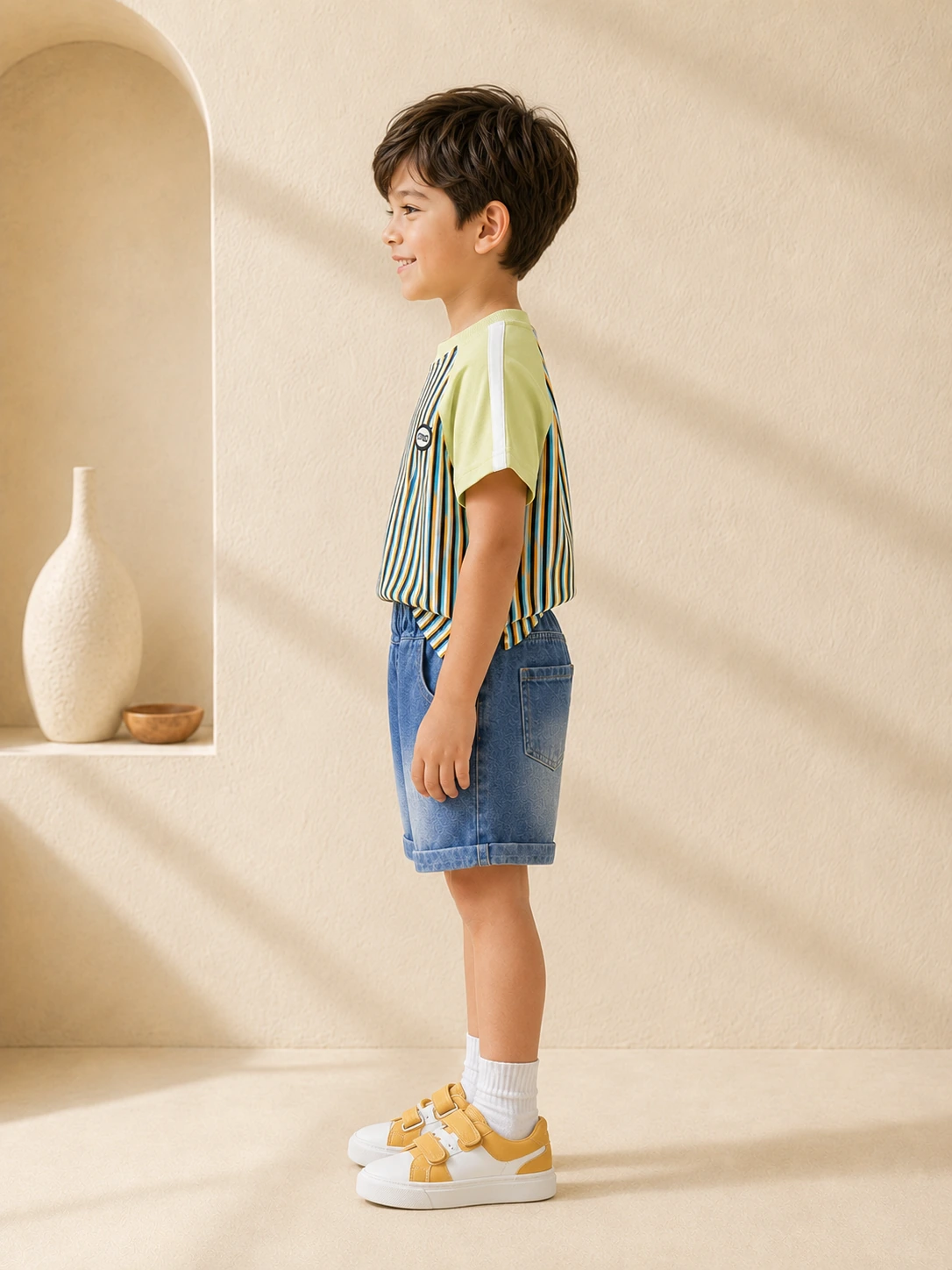 Boys green striped T-shirt and blue denim shorts set on hanger