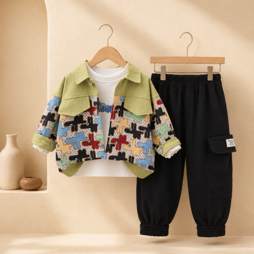 Boys 3-Piece Outfit – Trendy Printed Jacket, T-Shirt & Joggers | Ellenber