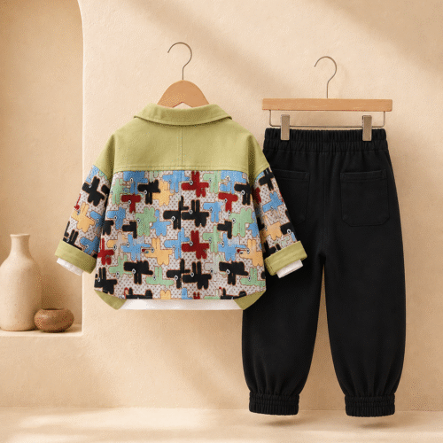 Boys 3-Piece Outfit – Trendy Printed Jacket, T-Shirt & Joggers | Ellenber