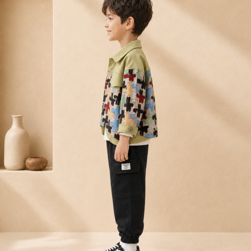 Boys 3-Piece Outfit – Trendy Printed Jacket, T-Shirt & Joggers | Ellenber