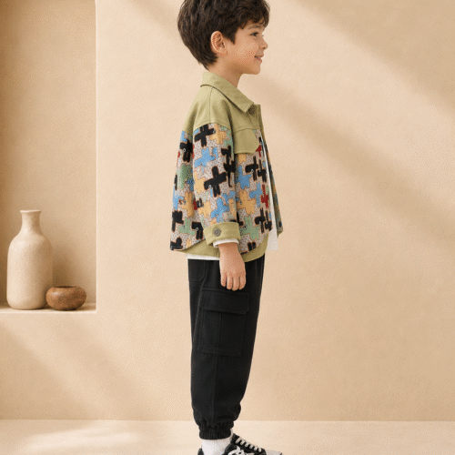 Boys 3-Piece Outfit – Trendy Printed Jacket, T-Shirt & Joggers | Ellenber