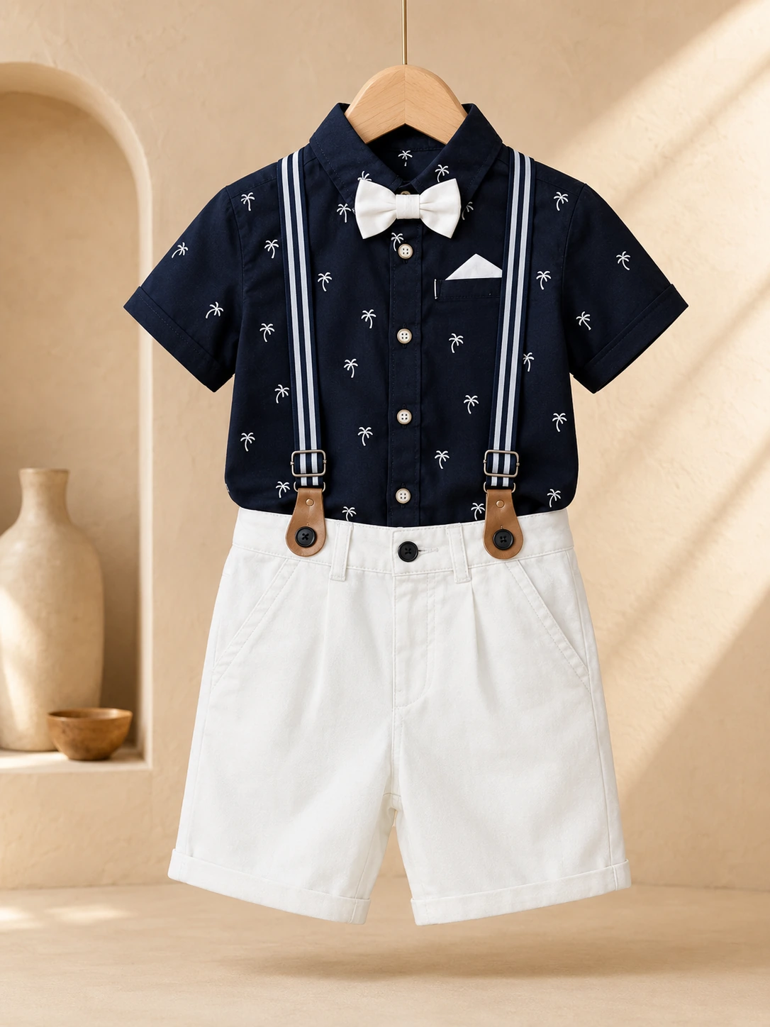 Boys navy blue printed shirt and white shorts set with suspenders and bow tie