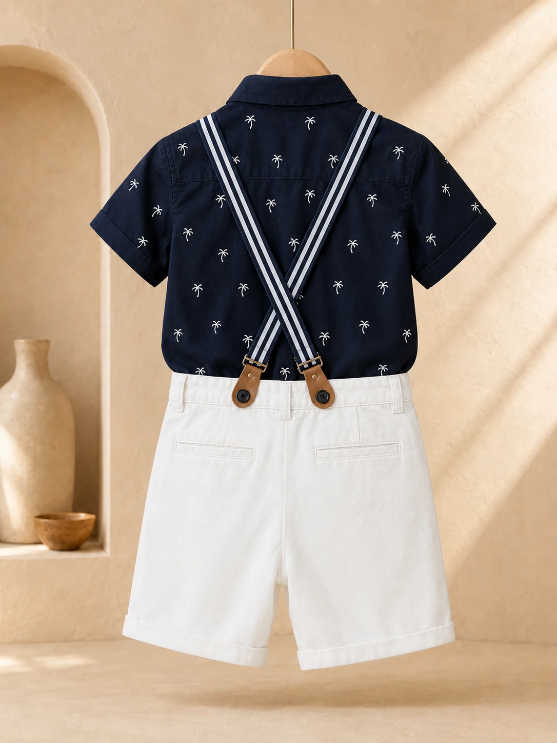 Boys navy blue printed shirt and white shorts set with suspenders and bow tie