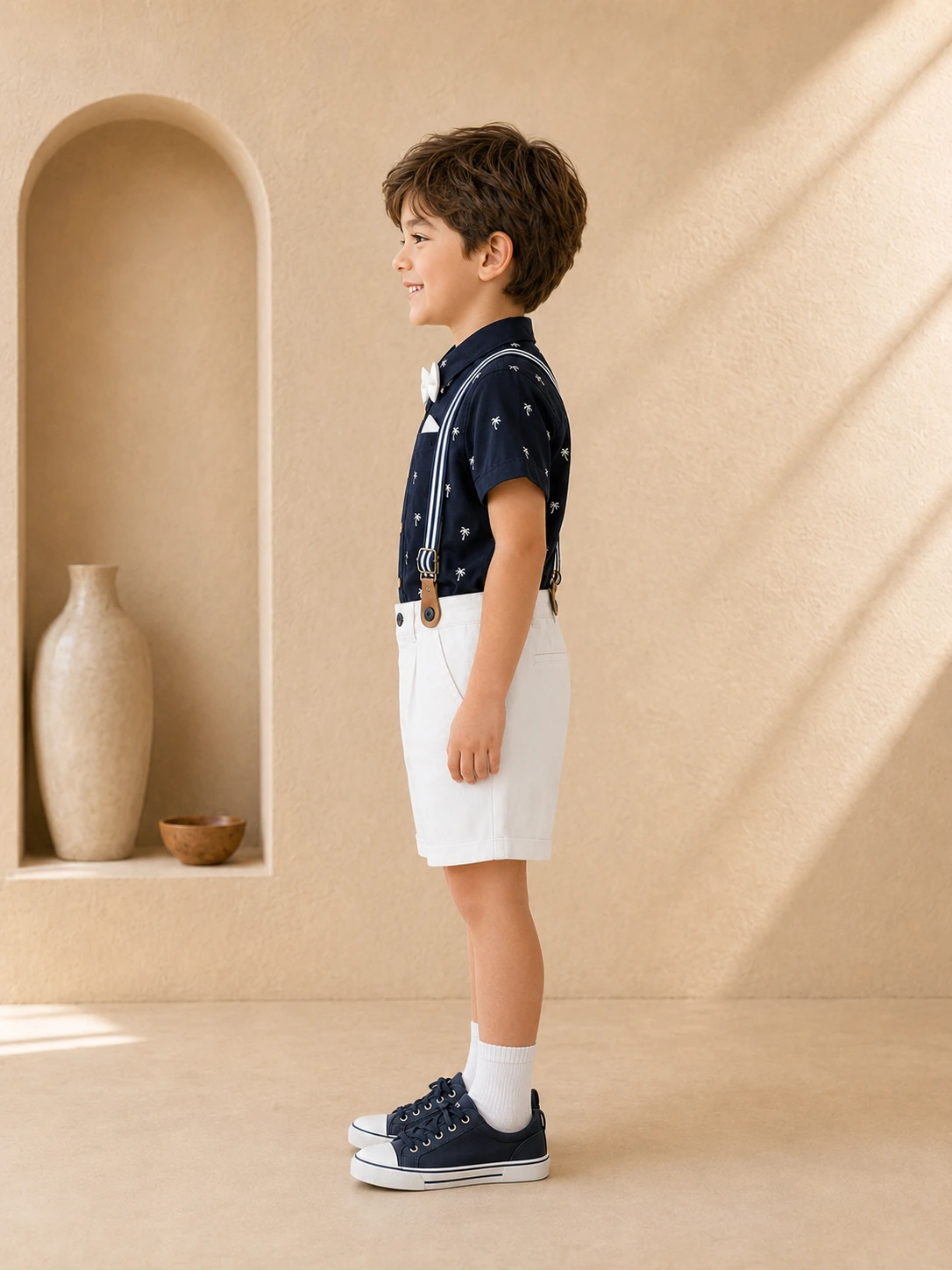 Boys navy blue printed shirt and white shorts set with suspenders and bow tie
