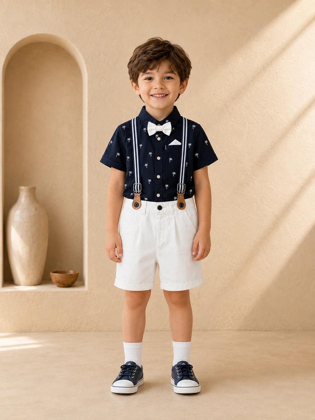 Boys navy blue printed shirt and white shorts set with suspenders and bow tie