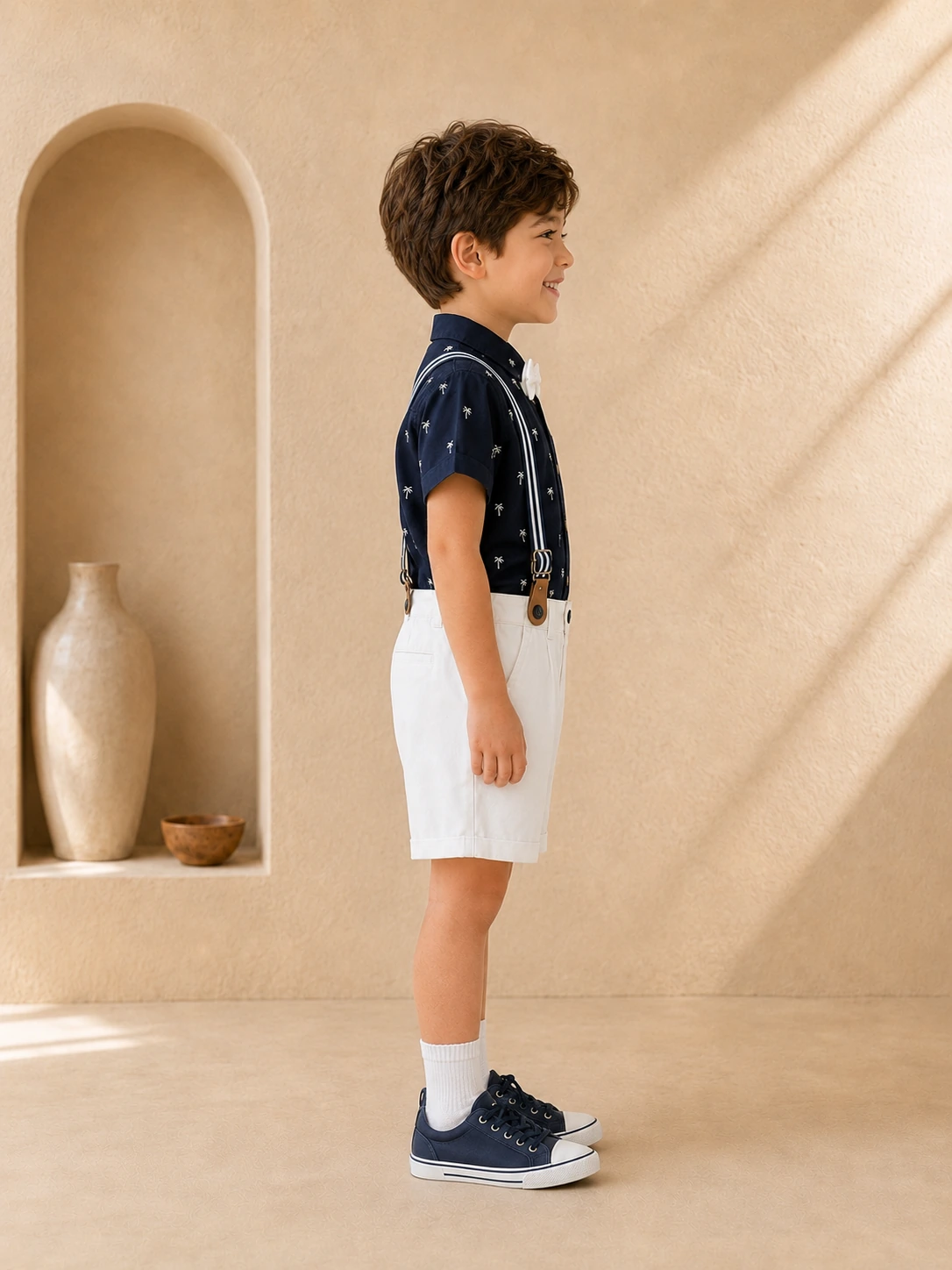 Boys navy blue printed shirt and white shorts set with suspenders and bow tie