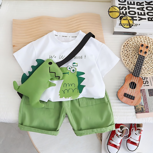 Dinosaur Print T-Shirt & Green Shorts Set with Dino Crossbody Bag