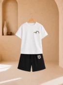 Boy wearing a white graphic T-shirt and black knee-length shorts