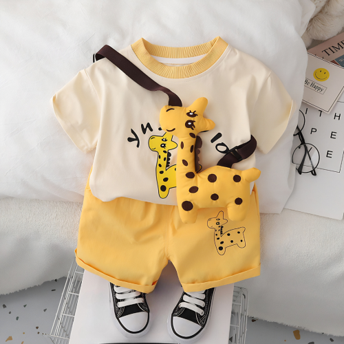 Giraffe Print T-Shirt & Yellow Shorts Set with Matching Plush Sling Bag