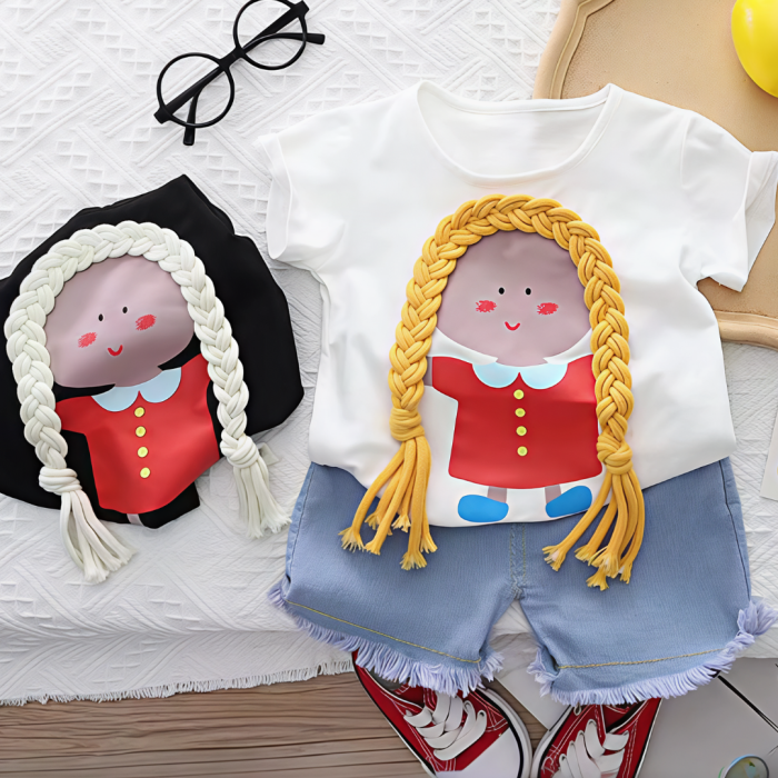 Girls Cartoon Doll Braided Hair T-Shirt & Denim Shorts Set