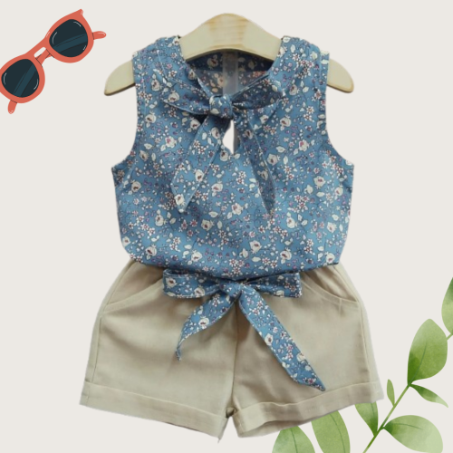 Girls Sleeveless Printed Top with Shorts Set with Belt