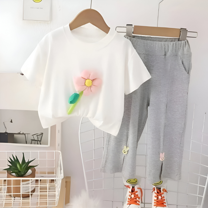 Girls White T-shirt with Grey Trouser