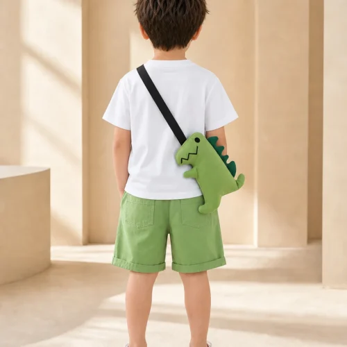Dinosaur Print T-Shirt & Green Shorts Set with Dino Crossbody Bag