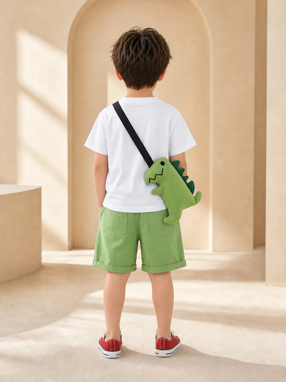 Boy wearing a white dinosaur T-shirt, green shorts and dinosaur crossbody bag