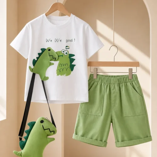 Boy wearing a white dinosaur T-shirt, green shorts and dinosaur crossbody bag
