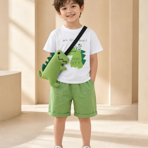 Dinosaur Print T-Shirt & Green Shorts Set with Dino Crossbody Bag