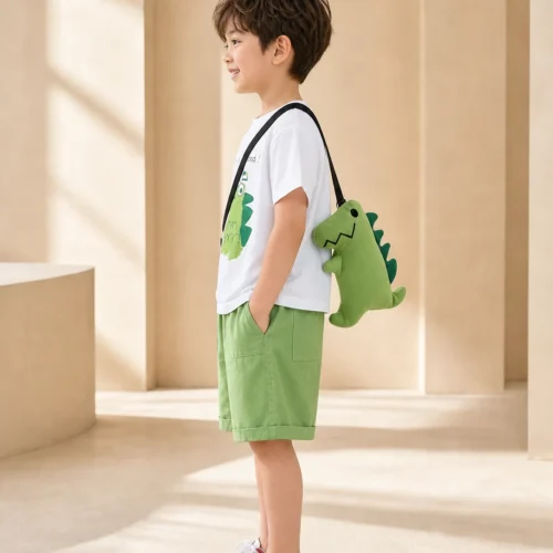 Dinosaur Print T-Shirt & Green Shorts Set with Dino Crossbody Bag