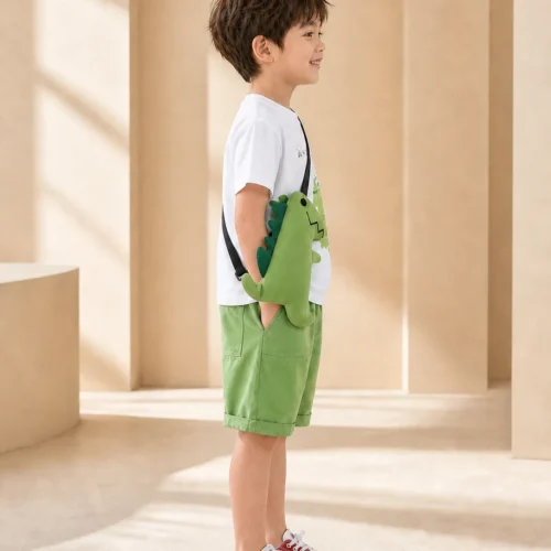 Dinosaur Print T-Shirt & Green Shorts Set with Dino Crossbody Bag