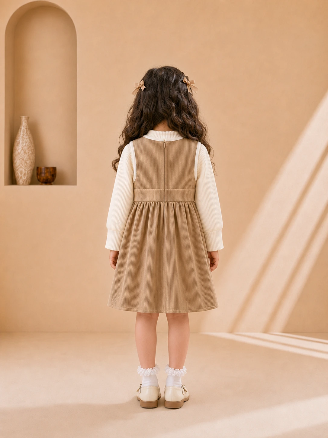 Girls beige corduroy pinafore dress with cream ribbed long-sleeve top