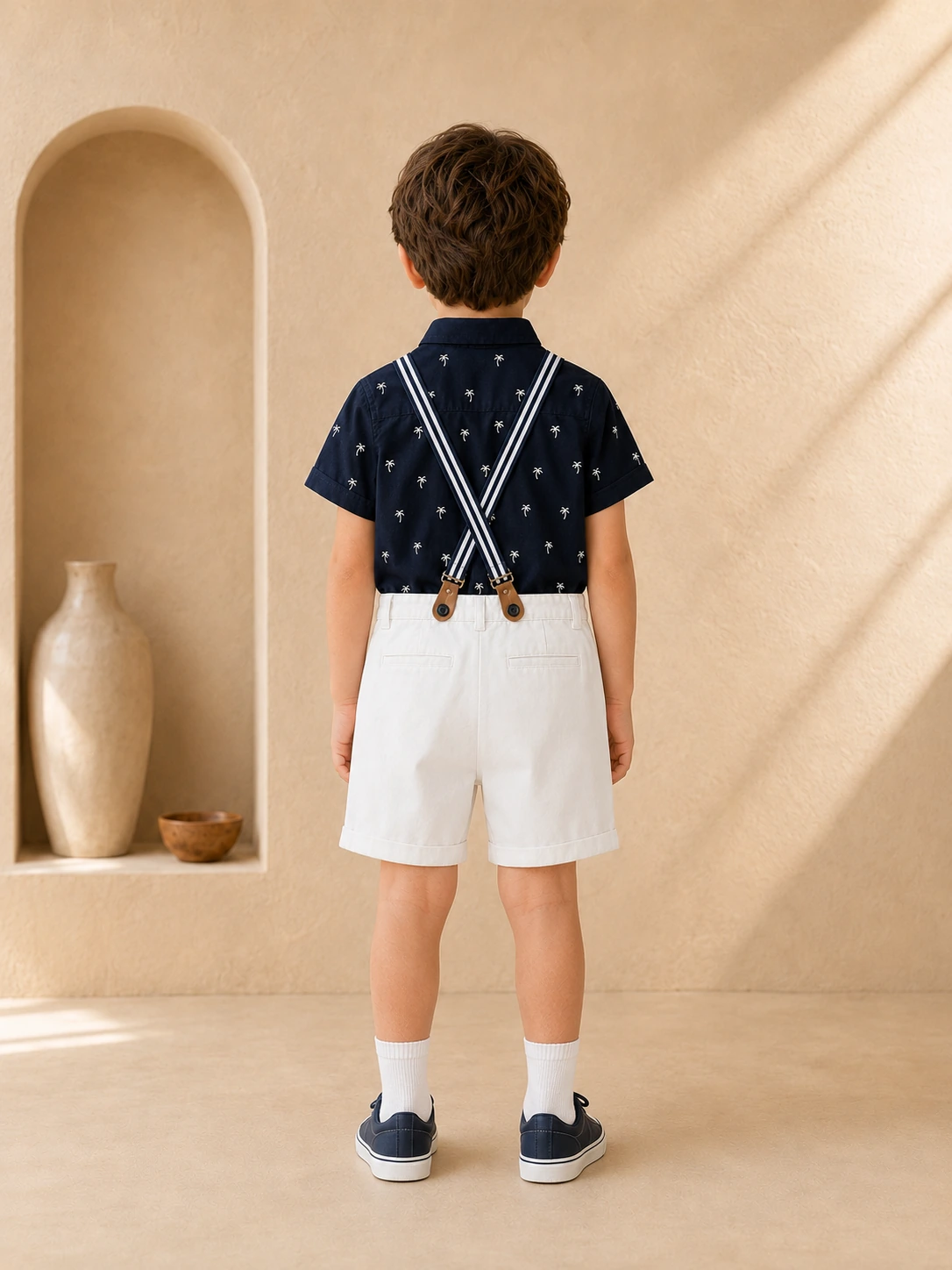 Boys navy blue printed shirt and white shorts set with suspenders and bow tie