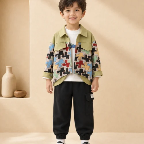 Boys 3-Piece Outfit – Trendy Printed Jacket, T-Shirt & Joggers | Ellenber