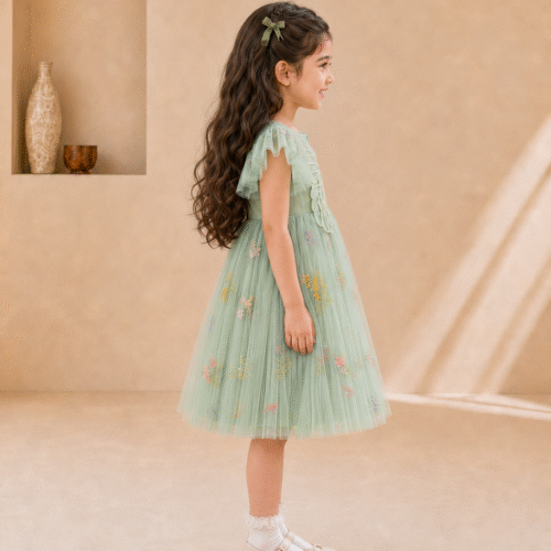 Girls Green Net Partywear Dress with 3D Butterfly Design-Fancy Birthday Frock for 2-6 Years