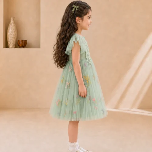 Girls Green Net Partywear Dress with 3D Butterfly Design-Fancy Birthday Frock for 2-6 Years