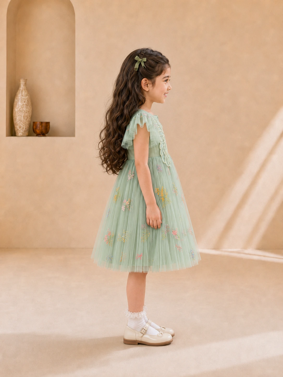 Girls mint green butterfly tulle party dress with floral embroidery