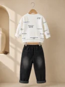 Boys white printed sweatshirt and black denim-look trousers