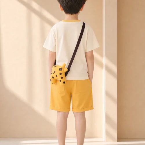 Giraffe Print T-Shirt & Yellow Shorts Set with Matching Plush Sling Bag