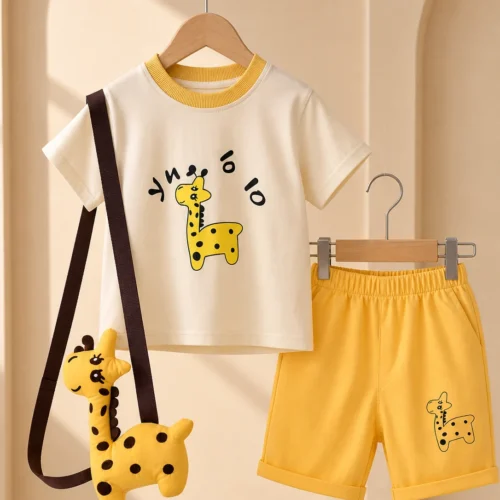 Boy wearing a cream giraffe T-shirt, yellow shorts and plush giraffe sling bag