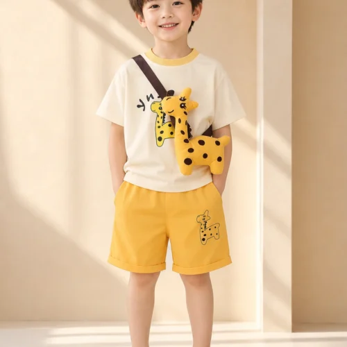 Giraffe Print T-Shirt & Yellow Shorts Set with Matching Plush Sling Bag
