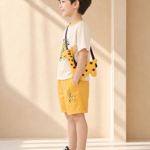 Giraffe Print T-Shirt & Yellow Shorts Set with Matching Plush Sling Bag