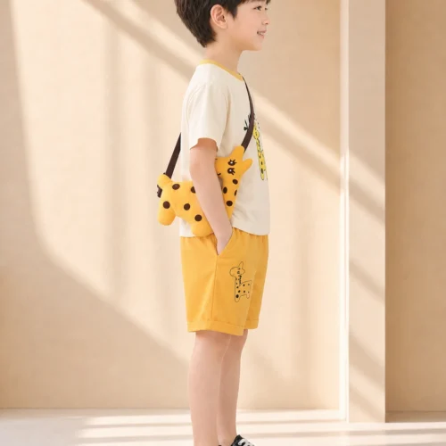 Giraffe Print T-Shirt & Yellow Shorts Set with Matching Plush Sling Bag
