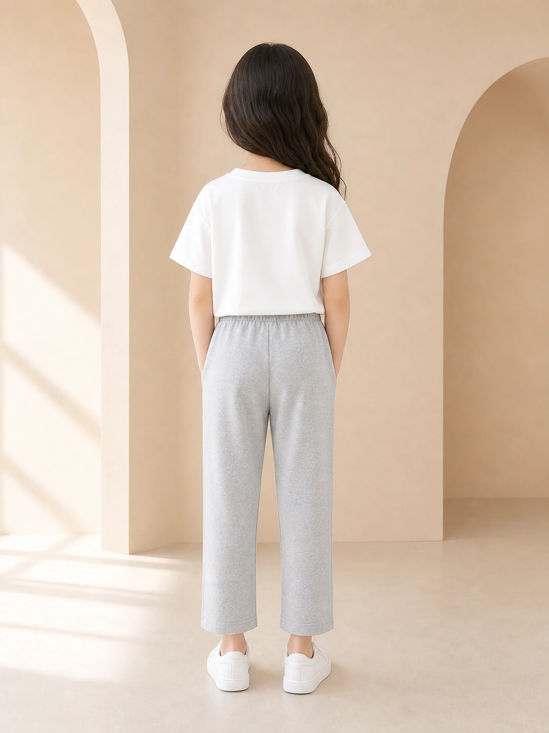 Girl wearing a white flower-appliqué T-shirt and grey ankle-length trousers