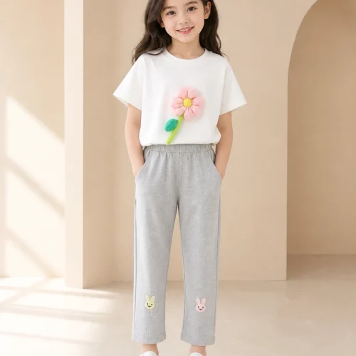 Girls White T-shirt with Grey Trouser