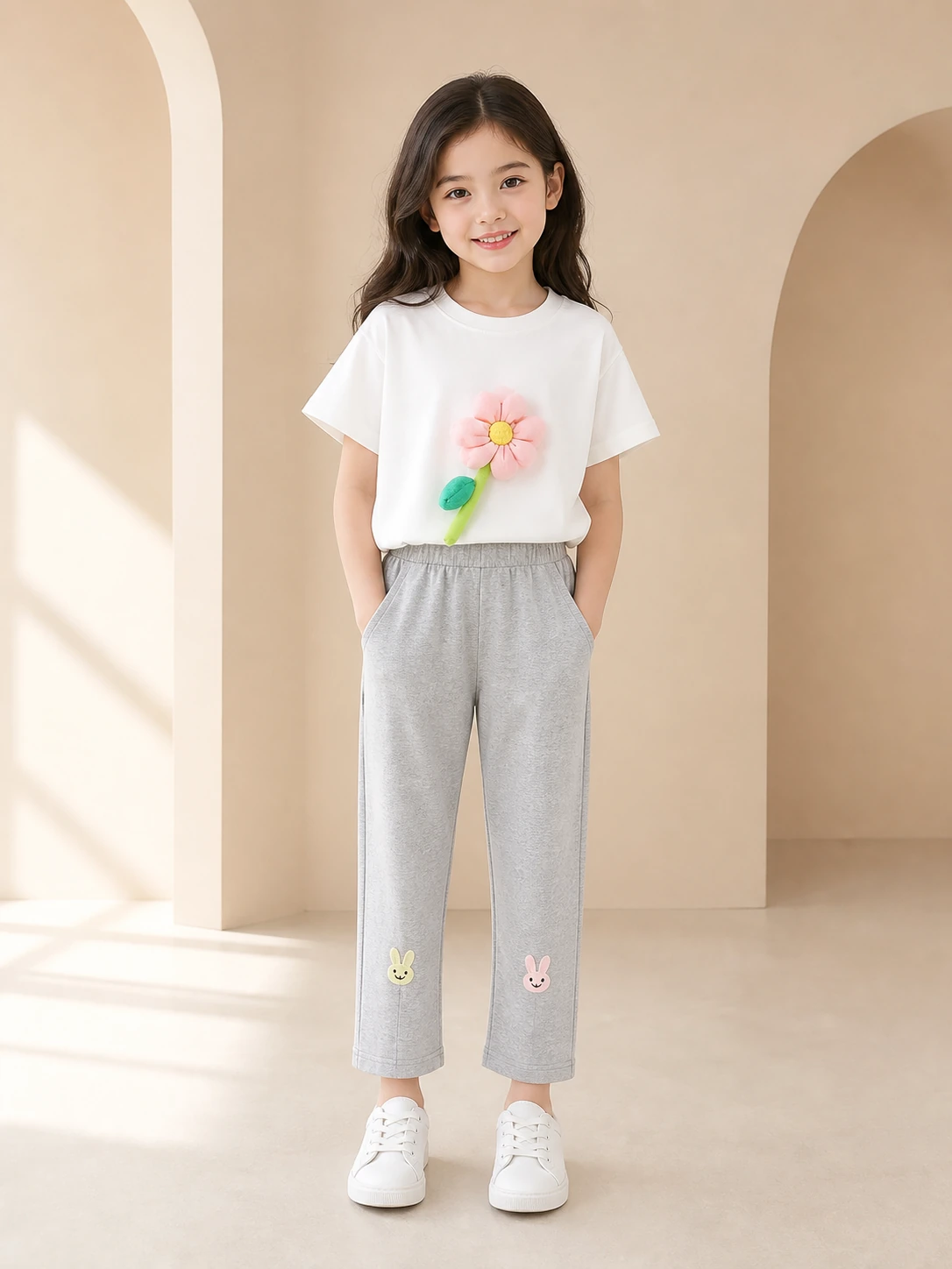 Girl wearing a white flower-appliqué T-shirt and grey ankle-length trousers