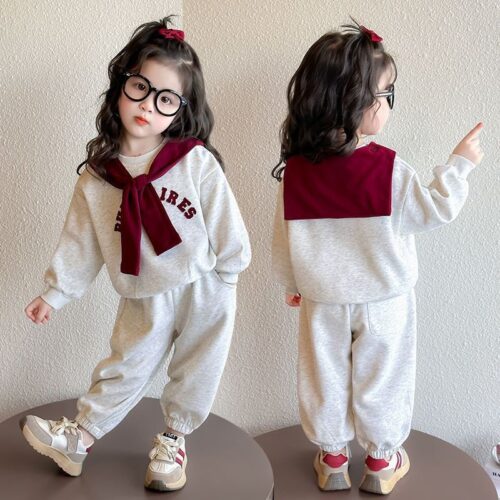 Preppy Chic: Little Girls' Cozy Cotton Blend Sweatshirt and Jogger Set with Scarf Detail