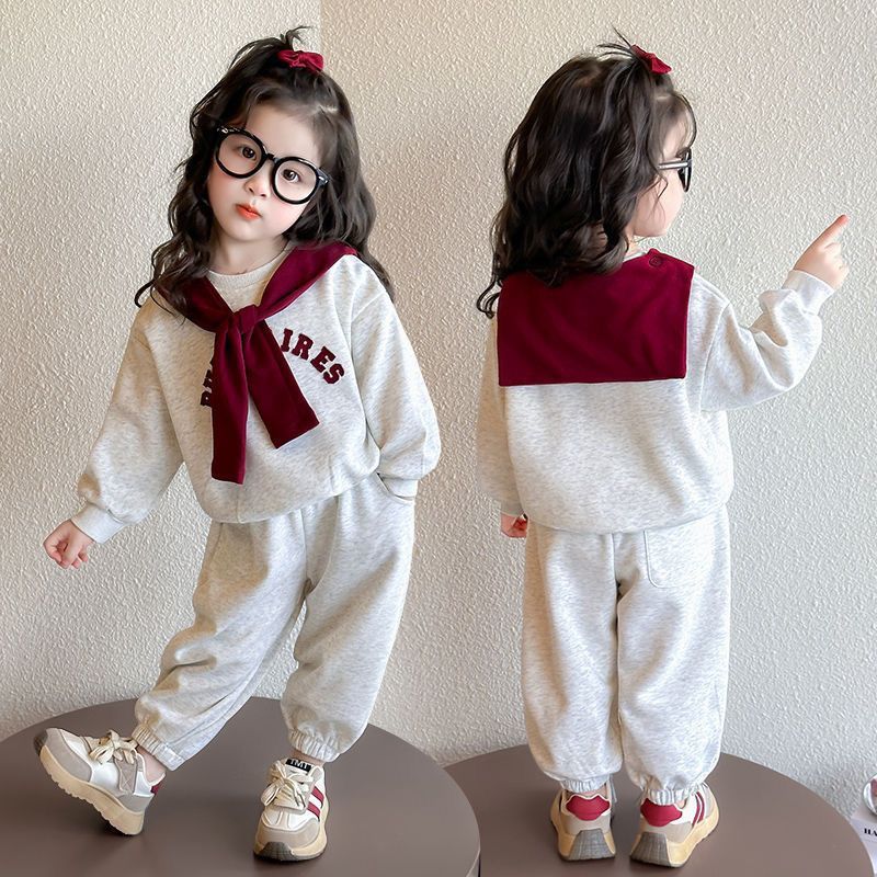 Preppy Chic: Little Girls' Cozy Cotton Blend Sweatshirt and Jogger Set with Scarf Detail - Image 3