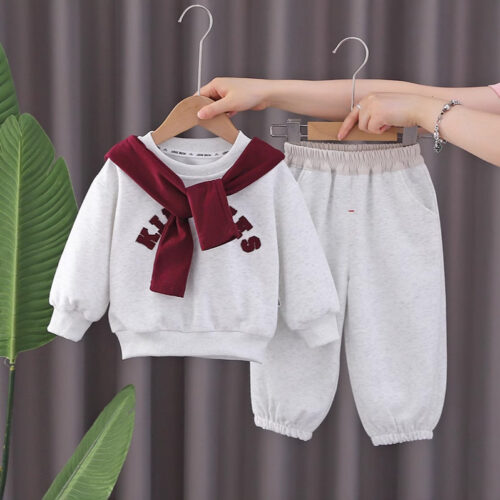 Preppy Chic: Little Girls' Cozy Cotton Blend Sweatshirt and Jogger Set with Scarf Detail