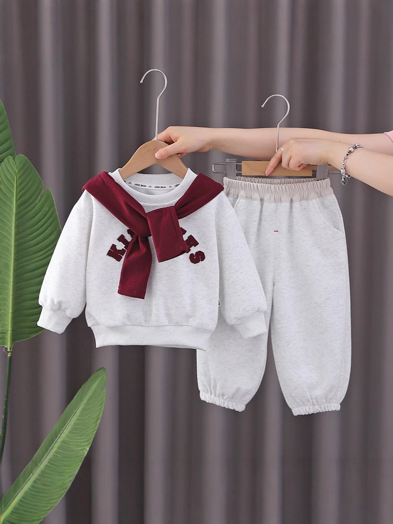 Preppy Chic: Little Girls' Cozy Cotton Blend Sweatshirt and Jogger Set with Scarf Detail - Image 4