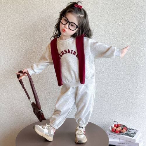 Preppy Chic: Little Girls' Cozy Cotton Blend Sweatshirt and Jogger Set with Scarf Detail