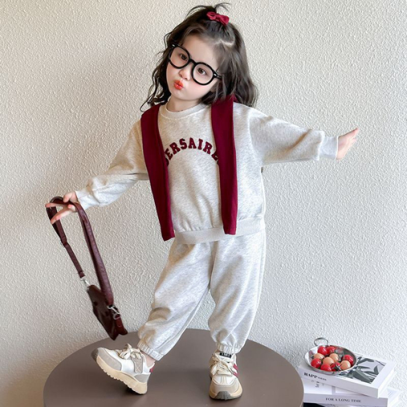 Preppy Chic: Little Girls' Cozy Cotton Blend Sweatshirt and Jogger Set with Scarf Detail