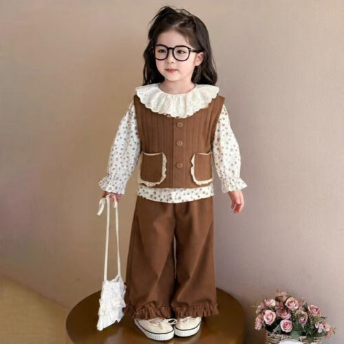 Ellenber Girls 3 Piece Party Wear Dress Set | Brown Corduroy Vest, Floral Top & Frill Pants | Stylish Birthday & Festive Outfit for Kids