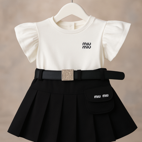 Trendy Kids Party Wear Dress Set for Girls – Stylish Top with Pleated Skirt & Belt | Birthday & Special Occasion Outfit