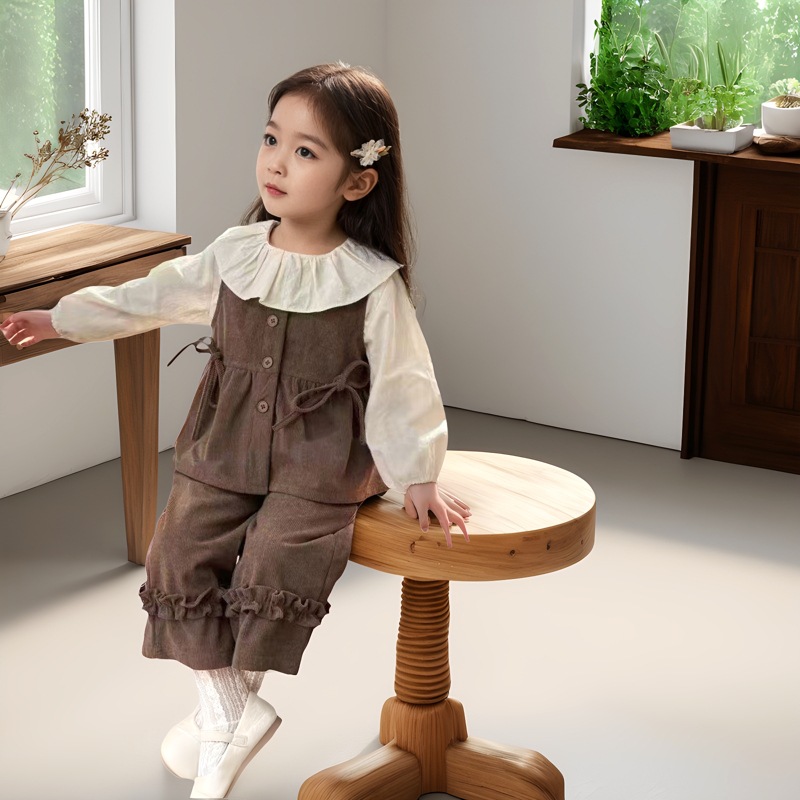 Ellenber Girls 3 Piece Party Wear Dress | Brown Dungaree with White Top & Pants | Stylish Birthday & Festive Outfit for Kids (2–6 Years)